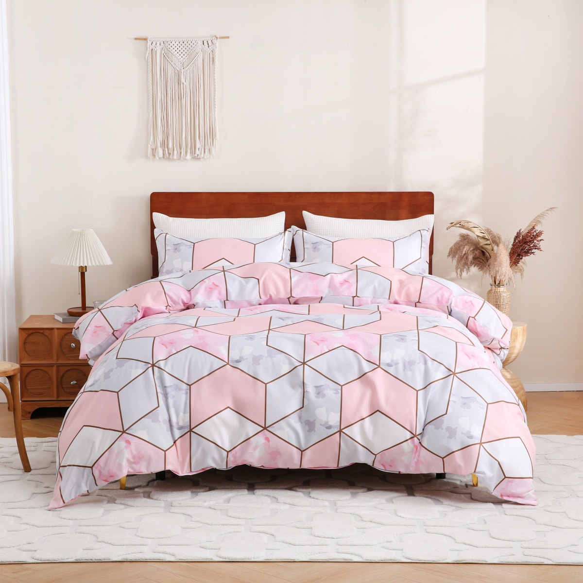 Set copripiumino geometrico rosa marmo - Biancheria da letto 3 pezzi 100% cotone (taglie USA/UE/AU) | Certificato OEKO-TEX_voghion.com