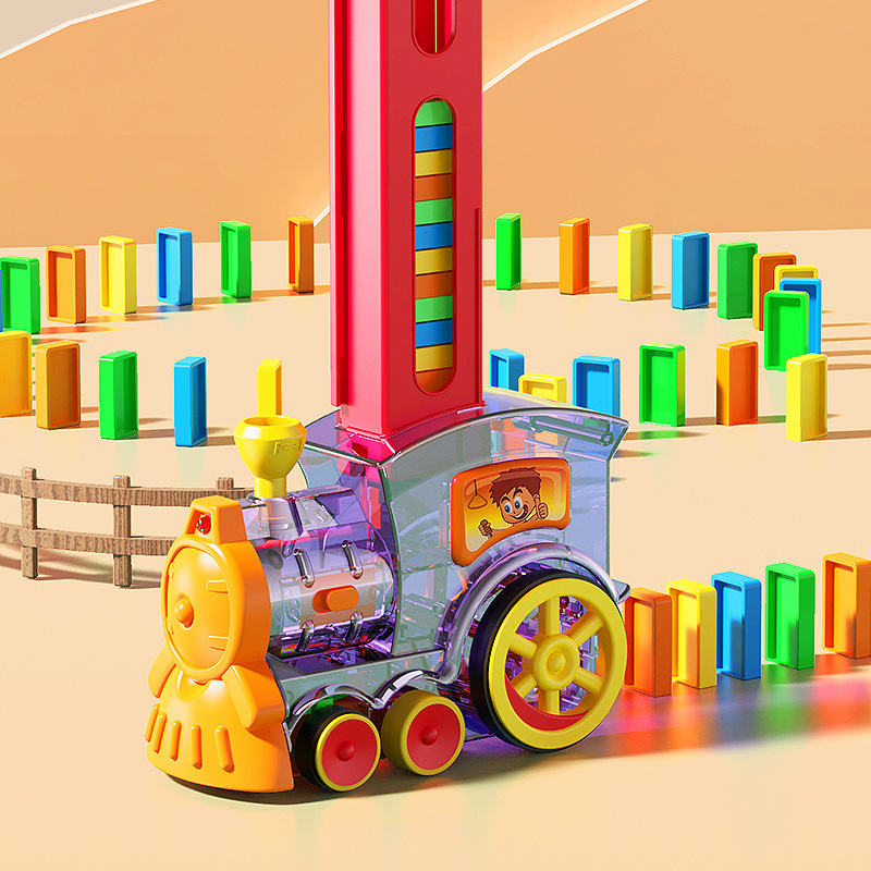 Dominoes transfronterizos distribuyendo automáticamente pequeños trenes para niños juguetes de rompecabezas colocando bloques de construcción automóviles eléctricos al por mayor