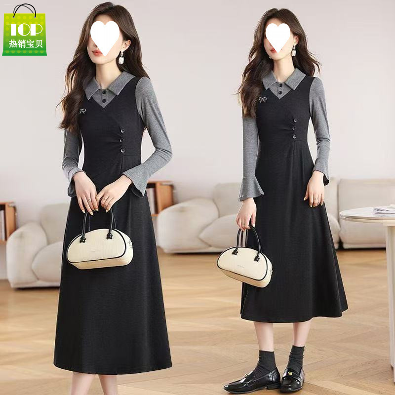 French Retro Splicing Fake Two-Piece Dress, High-End Autumn and Winter New Style Waist Slimming and Chic Skirt
