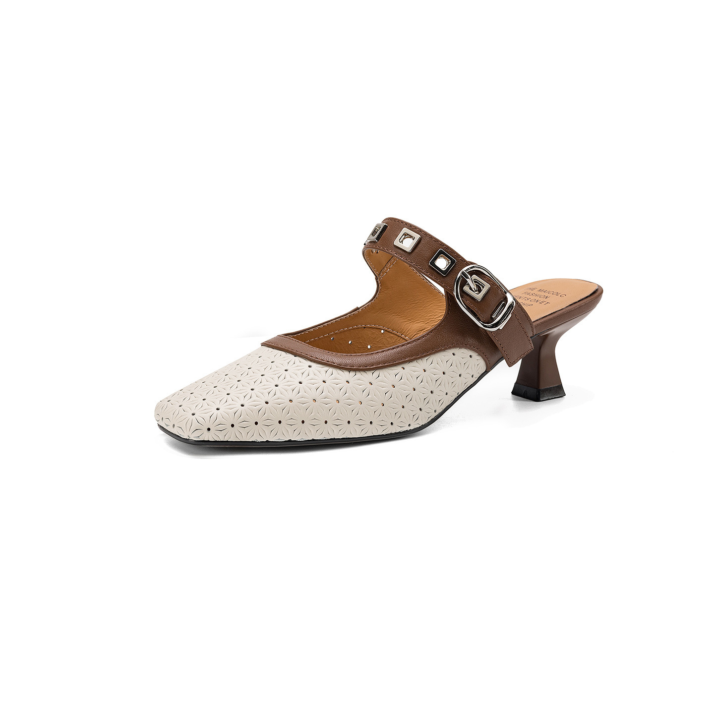 Sandal nữ quai ngang mũi vuông gót 5 cm phối màu — màu trắng ngà chi tiết 22