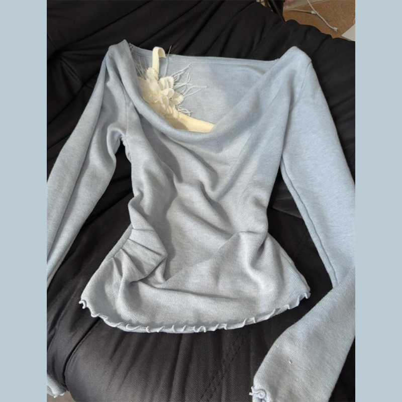 Unique Spicy Girl Design, Beautiful Blue Long-Sleeve Slim-Fit Waist-Cinching T-Shirt, Women's 2025 New Style Base Shirt