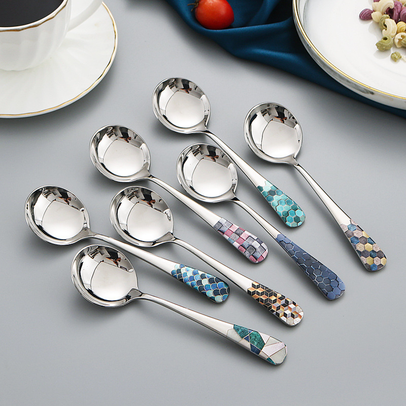 New Style 304 Stainless Steel Spoon Creative Color Korean Style Household Thickened Rice Spoon Soup Spoon Large Round Spoon Spot New Style 304 Stainless Steel Spoon Creative Color Korean Style Household Thickened Rice Spoon Soup Spoon Large Round Spoon Spot