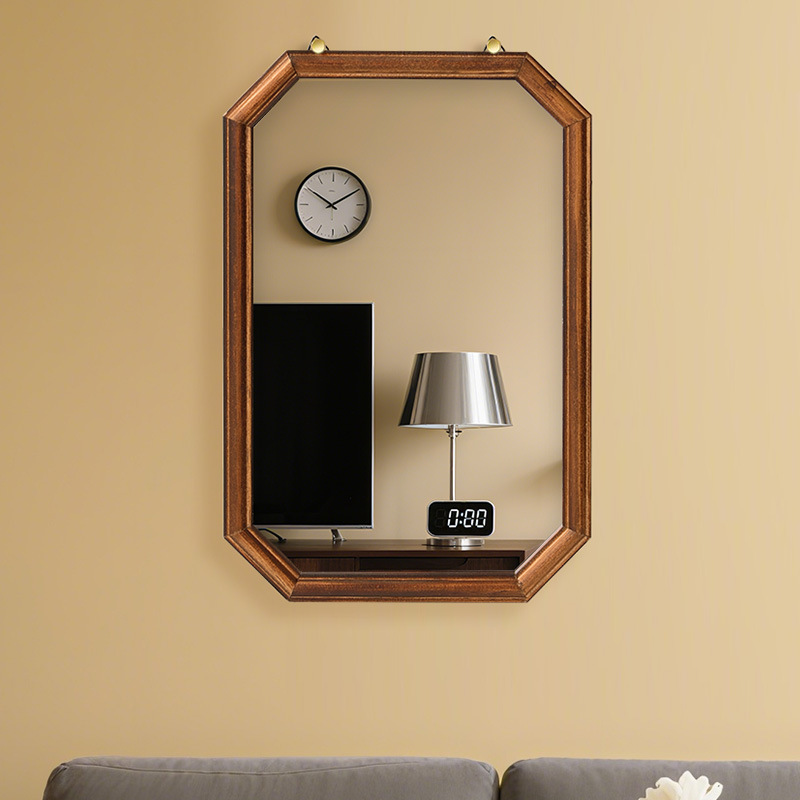 Pastoral Solid Wood Frame Mirror Bathroom Wall Toilet Makeup Mirror Small Hanging Mirror Vanity Mirror Home Wall-Mounted Wall Decoration