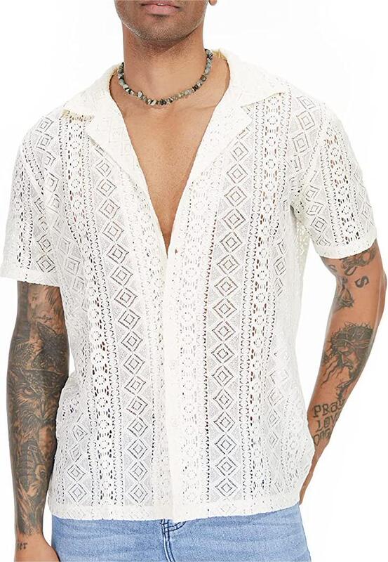 Amazon Street Hot Men's Lace Shirt Short Sleeve Floral Transparent Button Holiday Hollow Perspective Shirt Amazon Street Hot Men's Lace Shirt Short Sleeve Floral Transparent Button Holiday Hollow Perspective Shirt