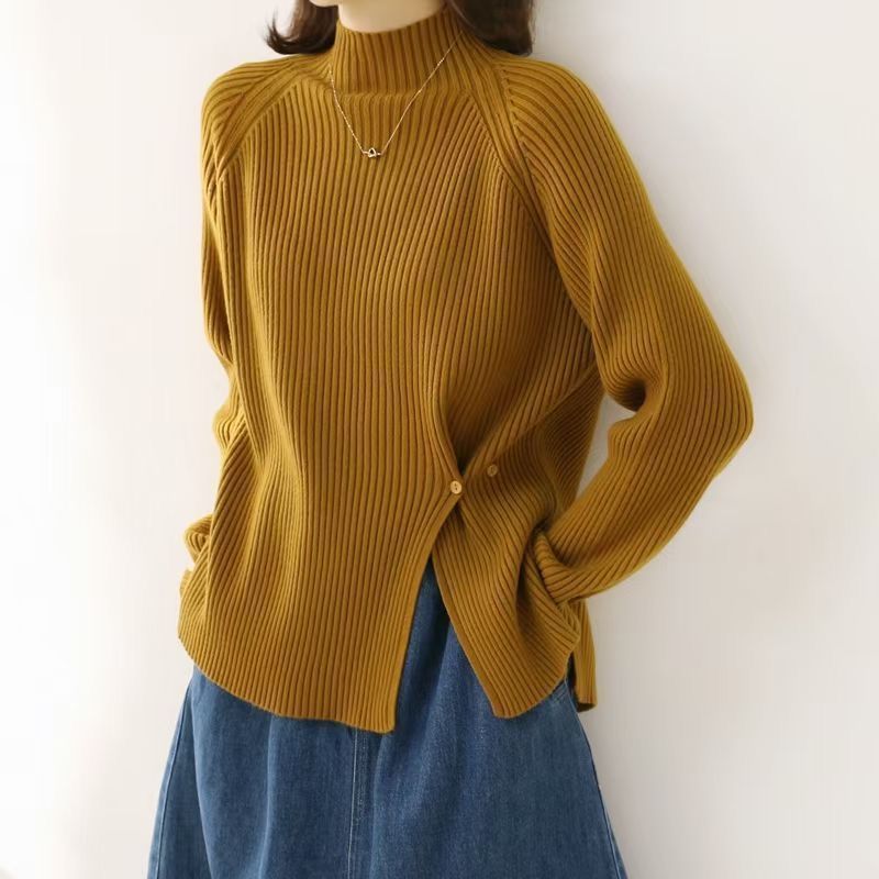 2025 autumn and winter inner wear new design half turtleneck sweater for women with slit loose knit sweater base shirt for women