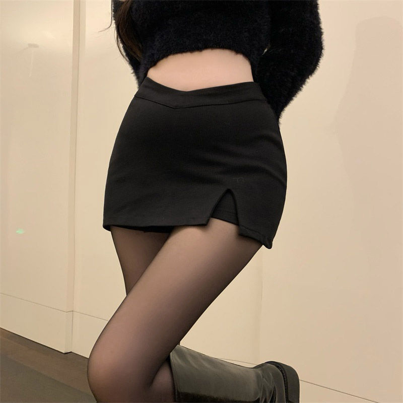 Split Hip Skirt Women's 2022 Summer New High Waist Spice Girl Miniskirt a Word European and American Vintage V Word Waist Skirt