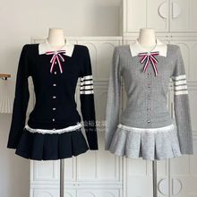 长袖针织毛衣假两件韩系小个子显高修身上衣套装高腰百褶裙初秋女