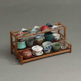 全手工席面茶具收纳架 竹制三层带沥水杯架款紫紫砂壶收纳架