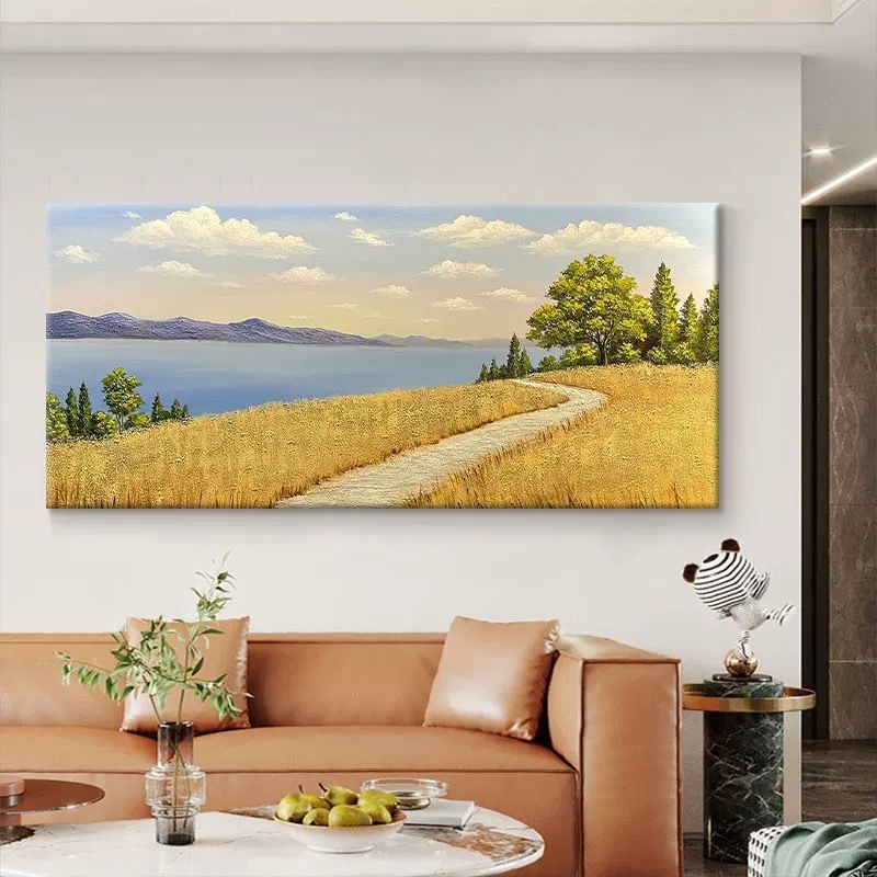 収穫小麦畑純粋な手描き大芬村油絵リビングルーム風景装飾絵画ソファ背景壁画|undefined