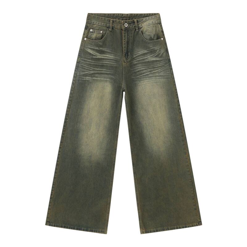 Quần jean nam ống rộng ống đứng dáng suông, vải denim giặt nước hiệu ứng râu mèo — Xanh cổ điển