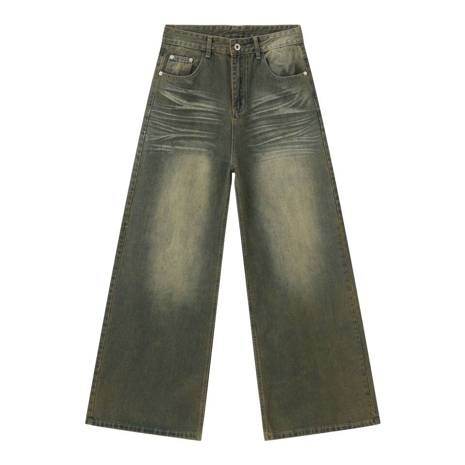 Quần jean nam ống rộng ống đứng dáng suông, vải denim giặt nước hiệu ứng râu mèo — Xanh cổ điển