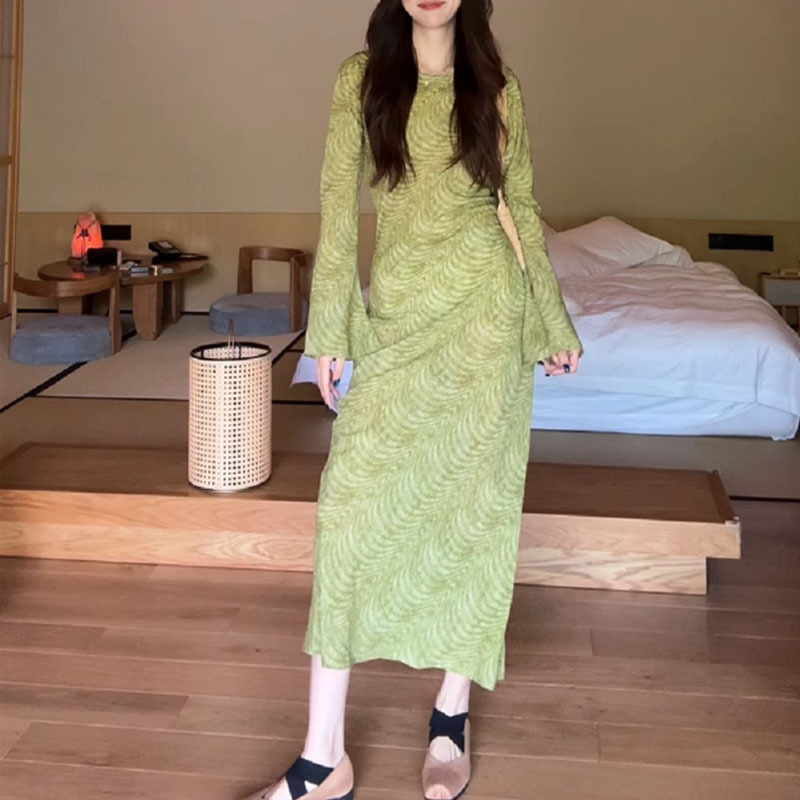 Zhizhi [Green Field Poetry] Summer Women's French Retro Temperament Print Slim Long Sleeve Dress 2025