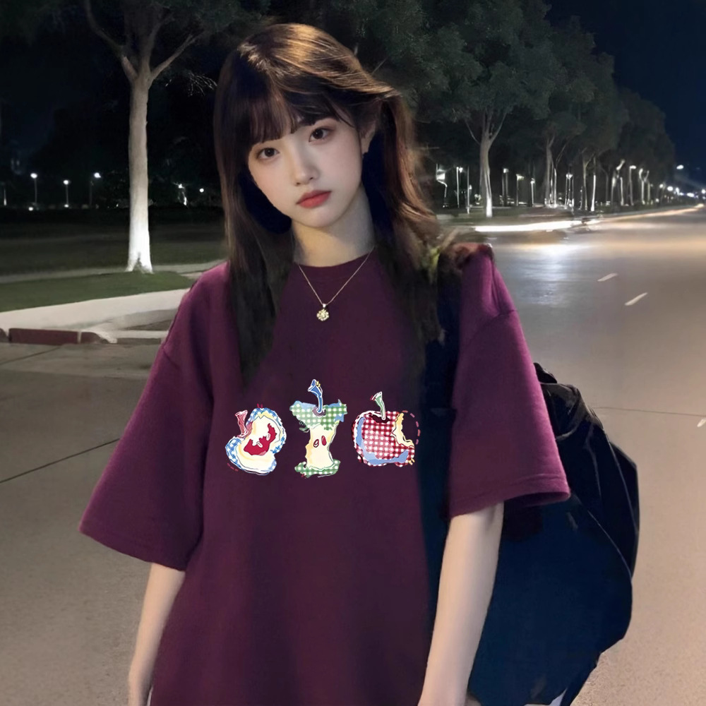 American Retro Grape Purple Short-Sleeved T-Shirt for Women in Summer, Age-Reducing Design, Versatile Loose Large Size Pure Cotton Top Trendy