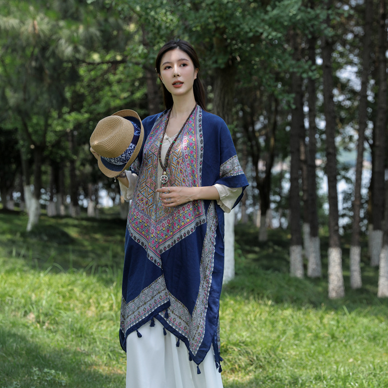 2023 nuevo estilo étnico en forma de diamante bufanda de algodón y lino bufanda de viaje Yunnan cálido protector solar