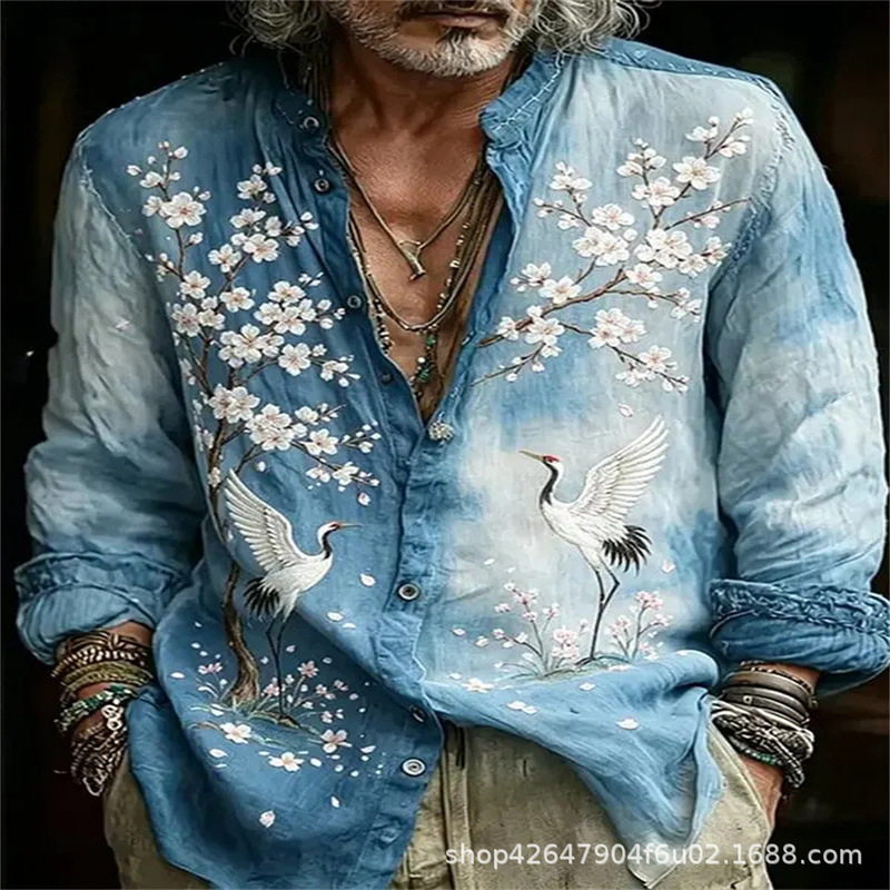2026 New Bohemian Red Patchwork Men's Long Sleeve Shirt Ethnic Style Casual Shirt 2026 New Bohemian Red Patchwork Men's Long Sleeve Shirt Ethnic Style Casual Shirt
