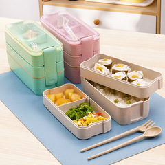 Double-layer microwave lunch box for girls, wheat straw lunch box with tableware, office worker's fat-reducing meal, light meal lunch box