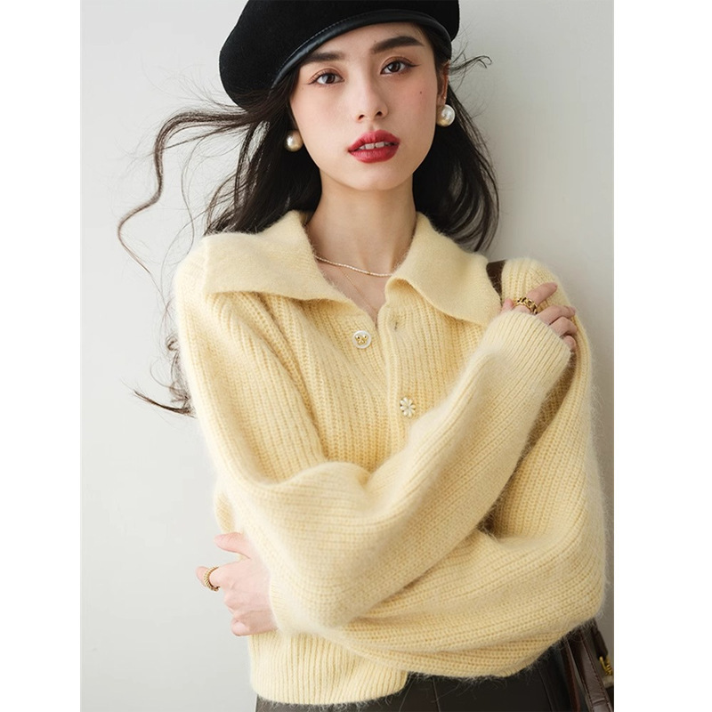 Creamy Yellow Polo Collar Sweater Jacket for Women in Autumn and Winter Imitation Mohair Lazy Style Soft Waxy Short Knitted Cardigan Thickeneded