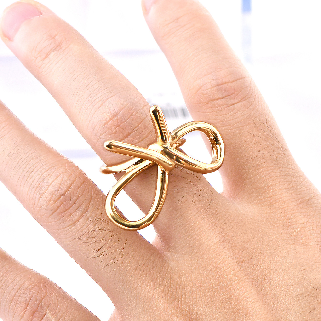 Women's Gender PVD Coated Real Gold Plated Bow Knot Stainless Steel Sweet Simple Style Waterproof Non Tarnish Rings