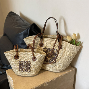 Straw capacious woven purse, beach trend shoulder bag