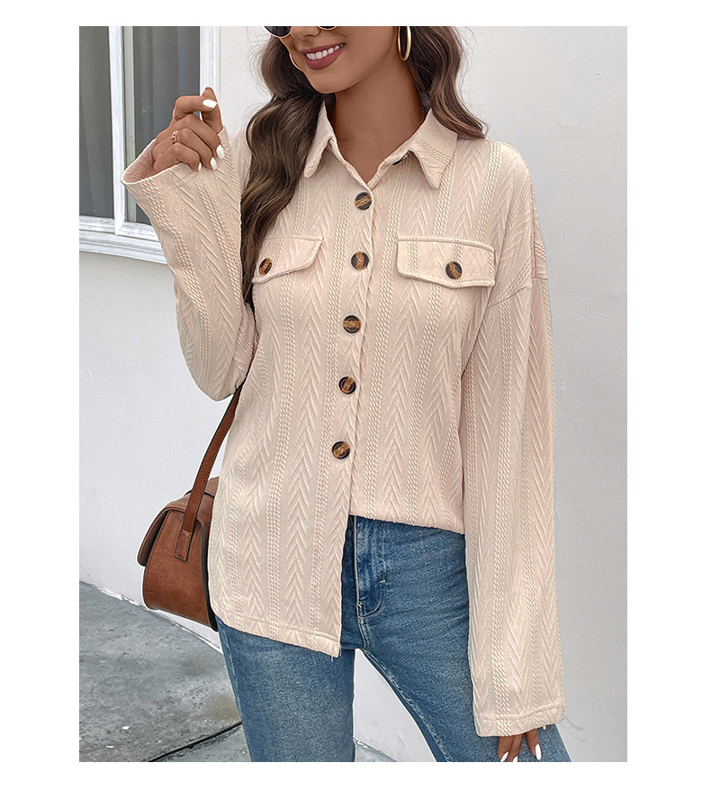 early autumn thin solid color shirt knitted texture shirt jacket button lapel blouse_voghion.com