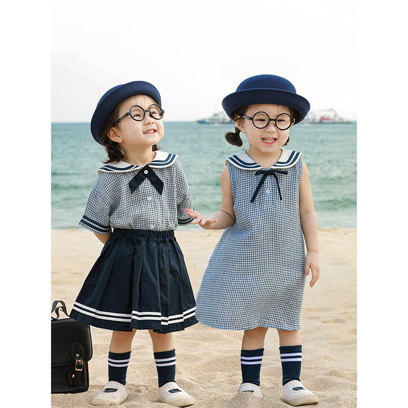 丘哆萌女童海军风系列套装儿童夏季新款连衣裙宝宝短袖衬衫半身裙