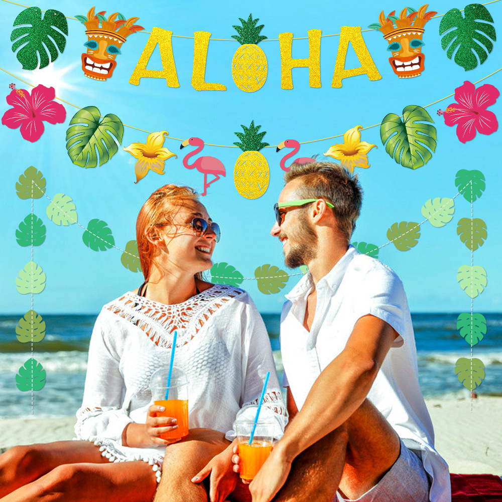 Amazon Hawaii Decoración de cumpleaños ALOHA tire bandera llama pájaro hoja tire flor colgante hoja tropical colgante