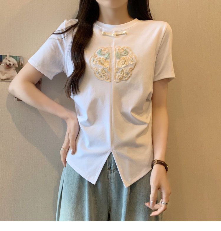 2024 Summer Embroidered Split Short Sleeve Design T-shirt New Chinese style High end Bottom Top_voghion.com