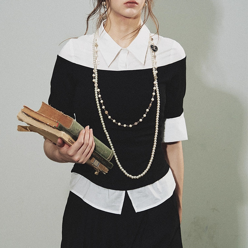 "Classic Replica" Fake Two-Piece Patchwork Knit Shirt with French Flair, Same Style as in the Movie, Old Money Style for Women