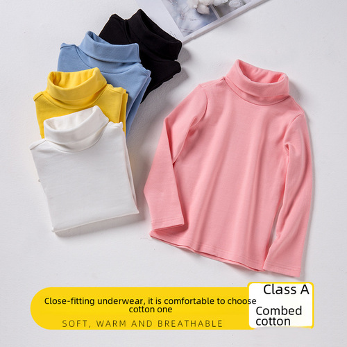 Children's Spring and Autumn 2024 New Basic Shirts for Kids, Medium Kids Korean Style Unisex Children Warm High Collar Long Sleeve Top