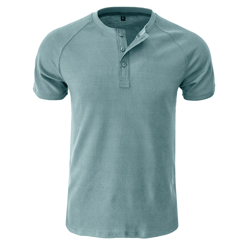 2023 sommar European and American Henley Shirt Herr Kortärmad T-shirt Bekväm ventilerande våffelstickad T-shirt_voghion.com