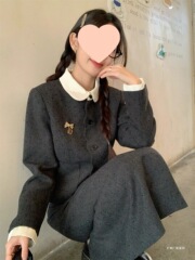 大码女装法式小香风娃娃领收腰短款外套+高腰半身裙显瘦两件套女