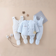 婴儿加厚棉衣套装宝宝加棉背带裤新生儿三件套衣服冬季棉袄连包脚