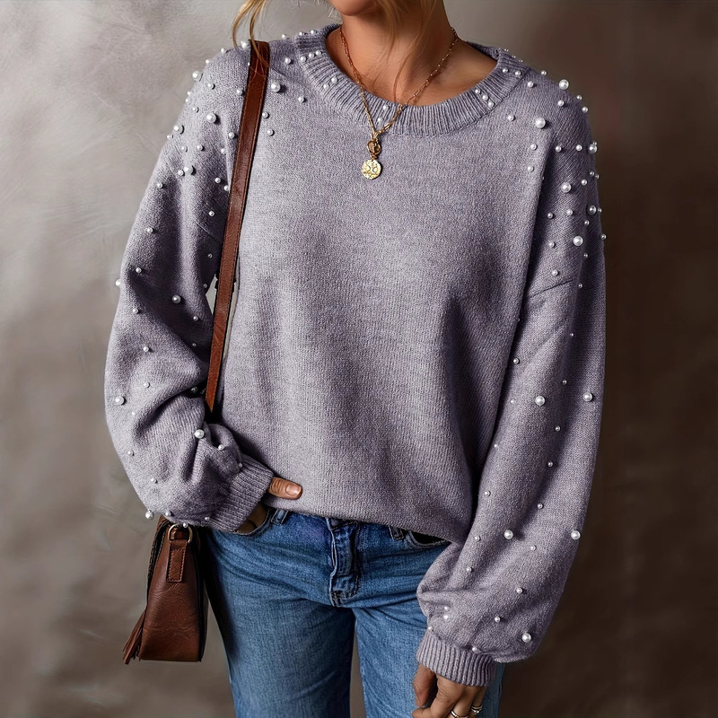 2025 European and American Cross-Border New Large Size Fashionable and Elegant Pearl Design Knitted Sweater Pullover