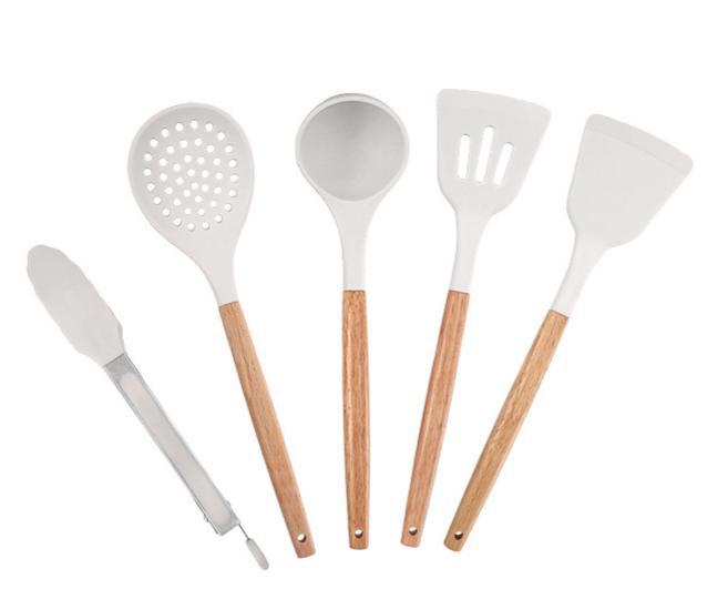 Mutfak yapışmaz tava ahşap saplı paslanmaz çelik silikon spatula, yüksek sıcaklığa dayanıklı, haşlanma önleyici, kaymaz, ev tipi gıda sınıfı silikon spatula ve kaşık.