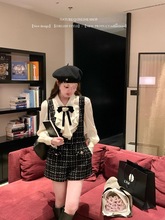 新款气质复古小香风黑白编制格纹背带裤女粗花呢减龄春秋背带短裤