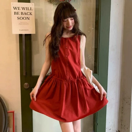 Cross-Border Foreign Trade Korean Cotton and Linen Drawstring Waist Vest Dress New Doll Skirt Design Loose Dress for Women