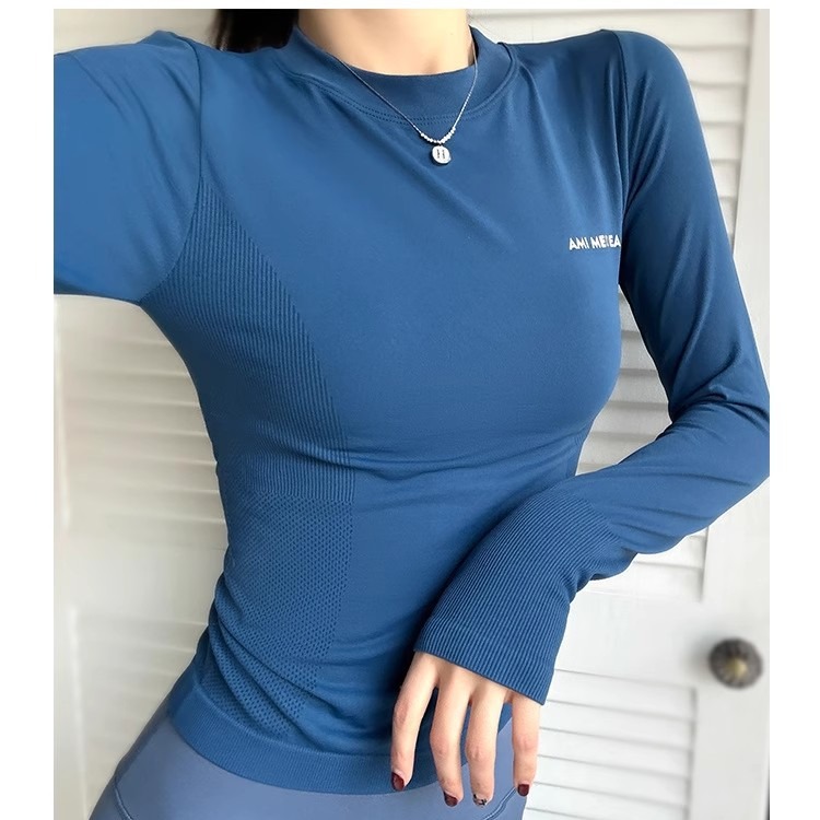 여성용 요가복 새로운 탄력성 타이트 긴팔 러닝 아웃도어 스포츠 속건성 상의 필라테스 트레이닝 피트니스복
