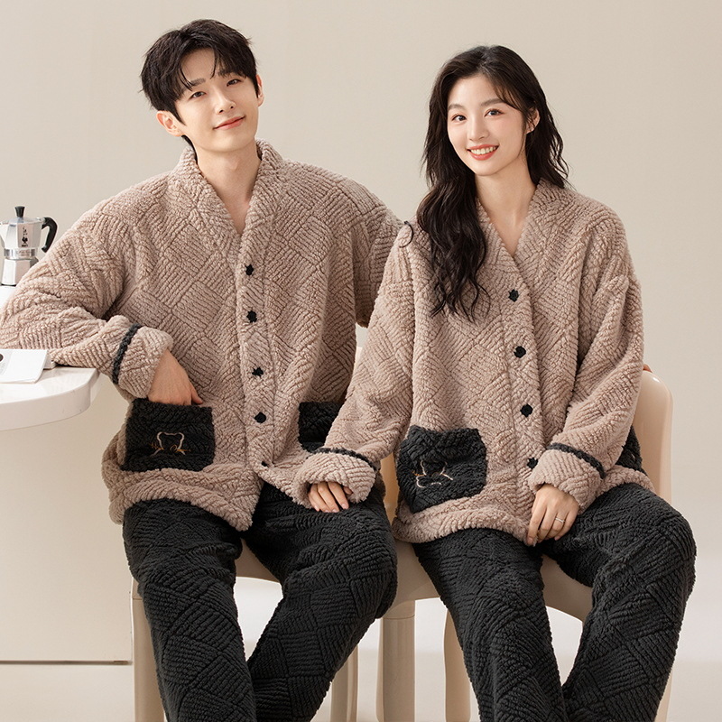 珊瑚绒睡衣女冬季韩版可爱情侣套装V领开衫保暖可外穿男士家居服