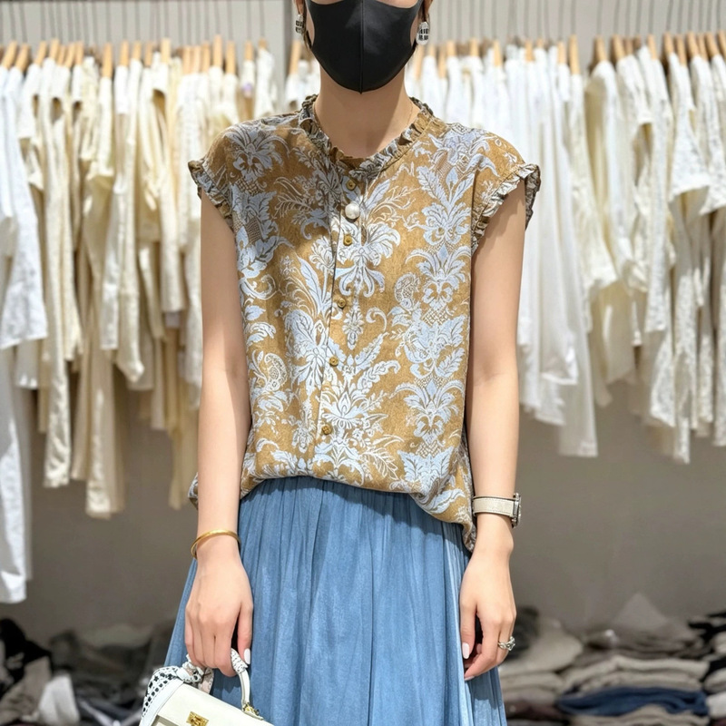Silk Brocade Floral Blouse for Women, 2026 Summer New Fashion Design, Ruffled Sleeveless Shirt Top Silk Brocade Floral Blouse for Women, 2026 Summer New Fashion Design, Ruffled Sleeveless Shirt Top