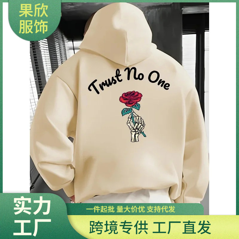 Cross-Border Men's Autumn and Winter Casual Loose Plus-Size Rose Print Wool Warm Long-Sleeve Hooded Sweatshirt Pullover