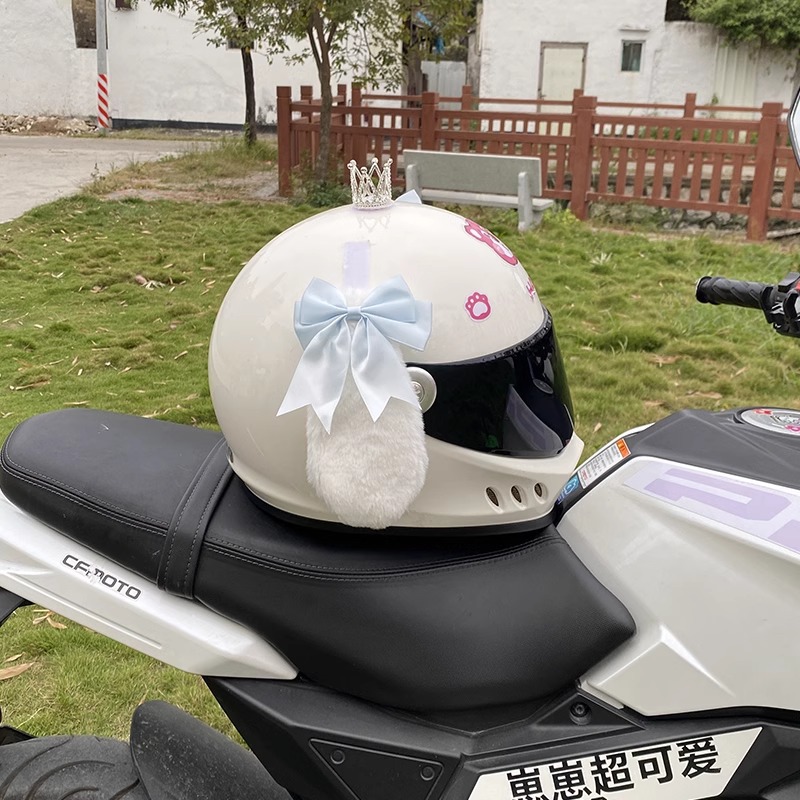Light Blue Bow White Dog Helmet Decoration Motorcycle Universal