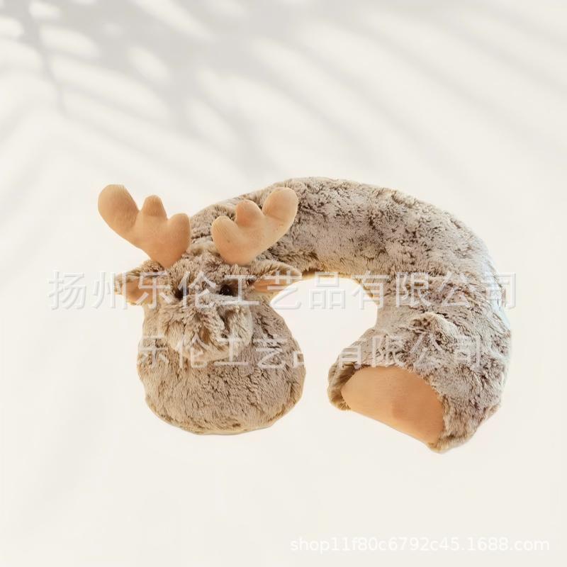 Navidad alce reno almohada de cuello personalizada compresa en caliente compresa en frío gravedad animal almohada en forma de U semilla de lino relleno de piedra de arroz