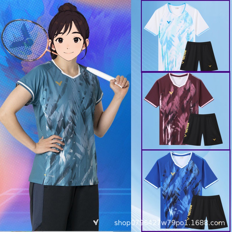 Victory Badminton Uniform Set for Men and Women, Sports Quick-Drying Breathable Training Clothes, Children's Competition Group Purchase with Printed Tennis Design