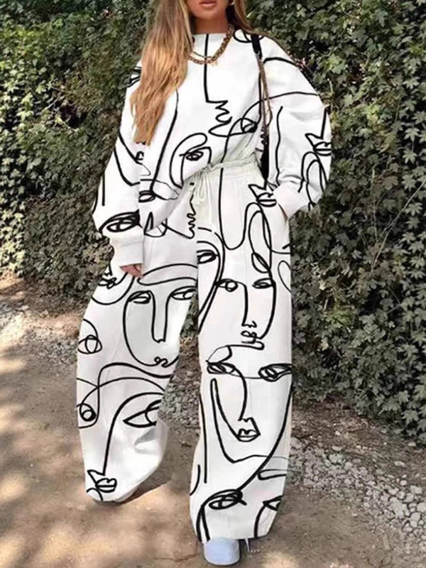 欧美跨境秋冬新款3D印花时尚圆领卫衣运动衫休闲套装女阔腿裤拼色|undefined