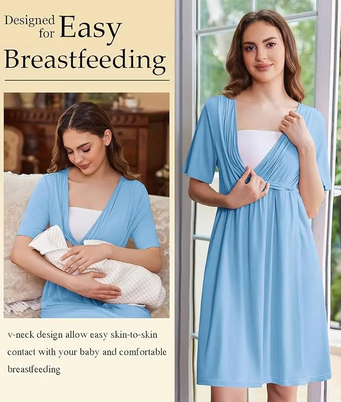 Stillkleid für Schwangere, Kurzarm, Weicher Stoff, V-Ausschnitt, Stillzugang und Einfacher Tragekomfort, Schwangerschafts- und Krankenhauskleid – Detail 8