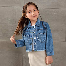 童装秋冬现货个性可爱心形口袋镶钻逛街休闲女童长袖牛仔夹克外套