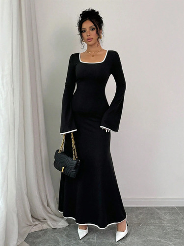 European and American new style temperament square collar socialite style contrasting color slim slimming elegant dress