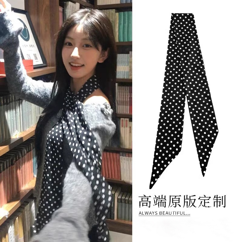 한국식 인스타그램 스타일 착용 액세서리 레트로 블랙 폴도트 스카프 여성 롱 스카프 패션 서양식 넥 스카프