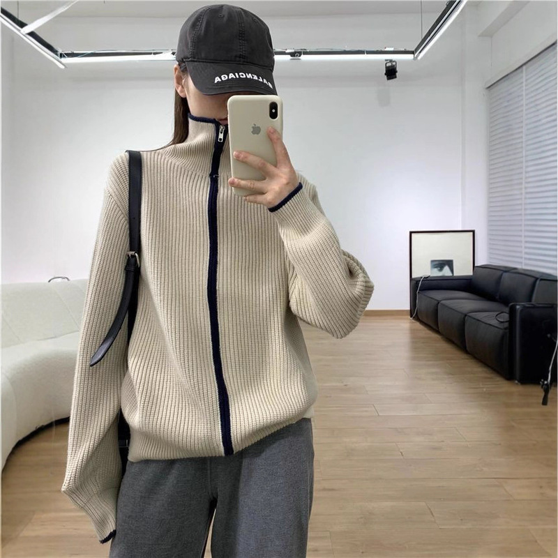 Cross-Border 2025 Autumn and Winter Cardigan Women's Turtleneck Zipper Sweater Loose Thickeneded Lazy Style Jacket Versatile Knitted Sweater Winter