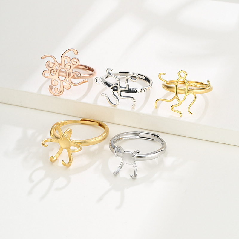 S925 anillo de plata titular vacío hembra 18K oro DIY cera de abejas ámbar turquesa anillo titular vacío con forma anillo titular